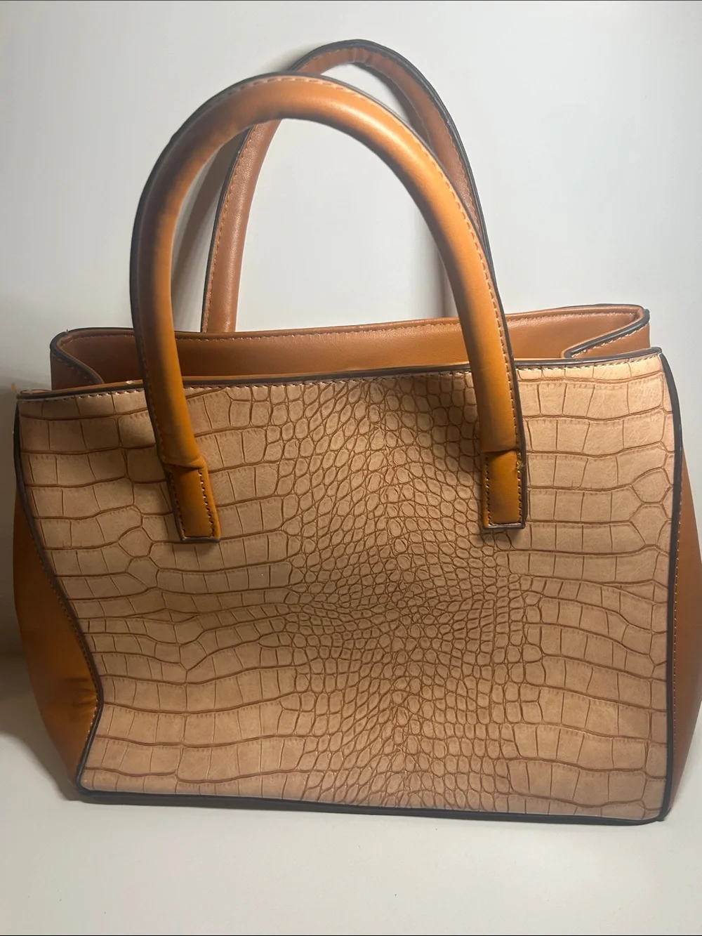 Adrienne Vittadini Tan Croc-Embossed Satchel with Cognac Trim